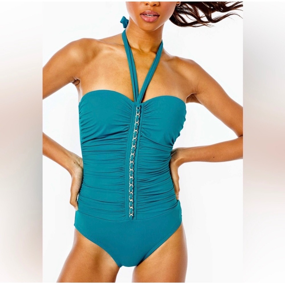 Lilly Pulitzer Teal Halter Ruched One-Piece Swimsuit